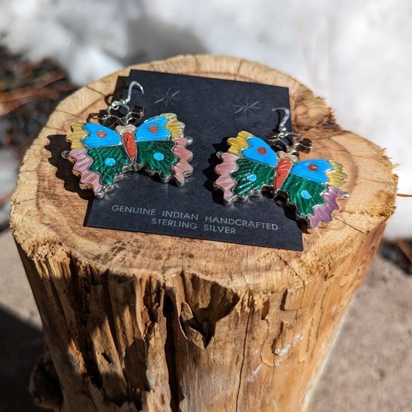 Native American Jewelry Butterfly Earrings‎ Multi Stones Inlay Zuni Handmade*** - Picture 5 of 9